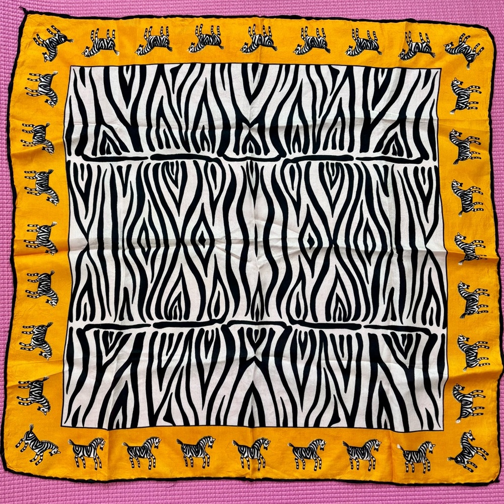 Vintage Zebra Print Square Silk Scarf with Yellow Zebra-Trim Border